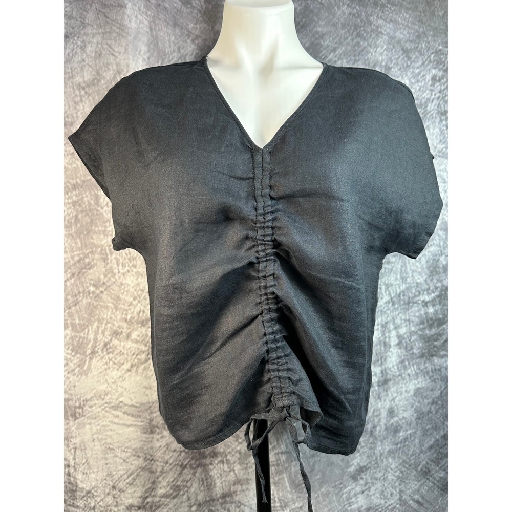 Joie Ruched Linen Top Womens Medium Black V-Neck Cap Sleeve Drawstring Blouse